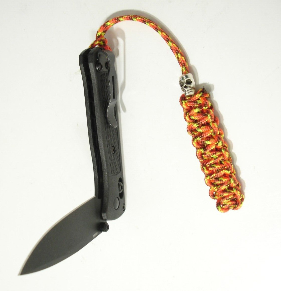 Handmade in USA Paracord Knife Lanyard Keychain “Fire” Color w/ Metal Skull Bead