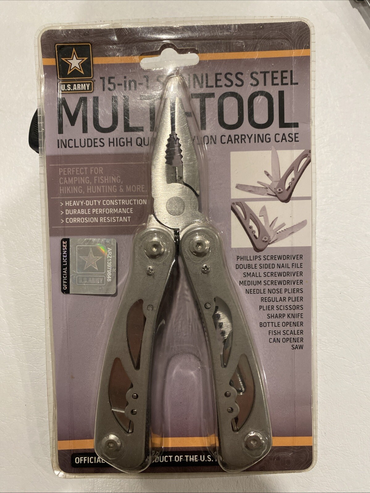 U.S Army 15 In 1 Multi-Tool Stainless Steel + Carrying Case Never Open