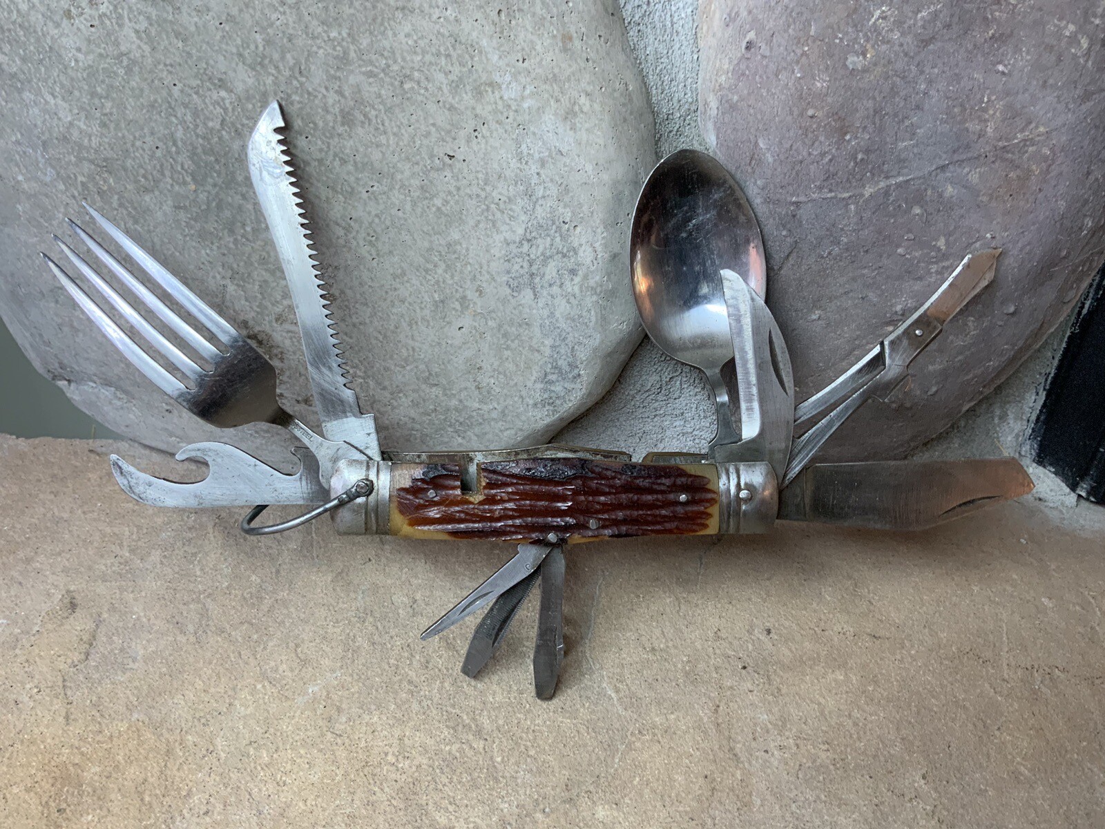 Vtg Camp Multi Tool 11 Gadgets Full Size Spoon Fork Saw Knife Open Hi Test Japan