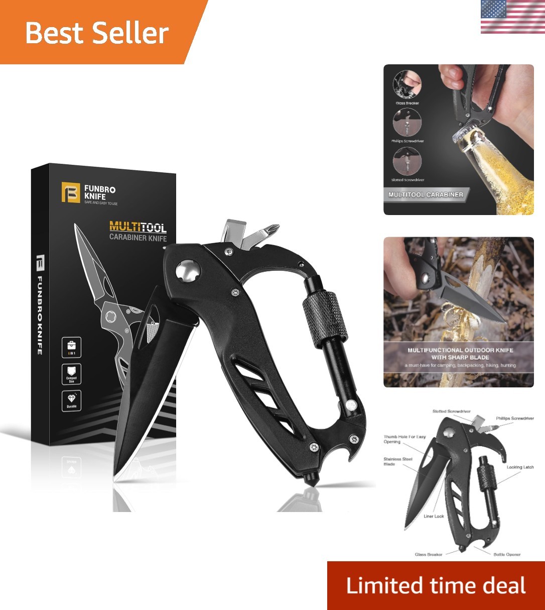 6-in-1 EDC Carabiner Multitool with Pocket Knife & Bottle Opener – Compact Black