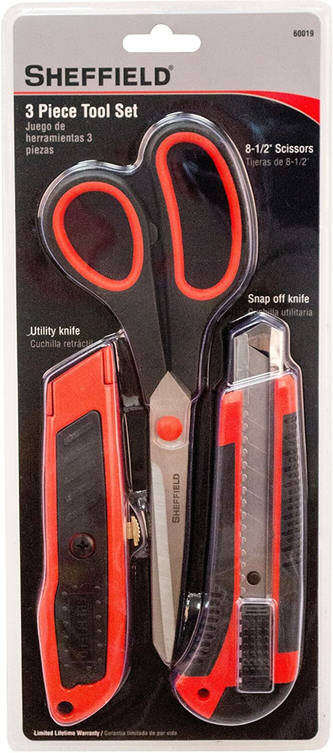 Sheffield 60019 3-Piece Tool Set, Scissors, Utility knife and Snap off knife New