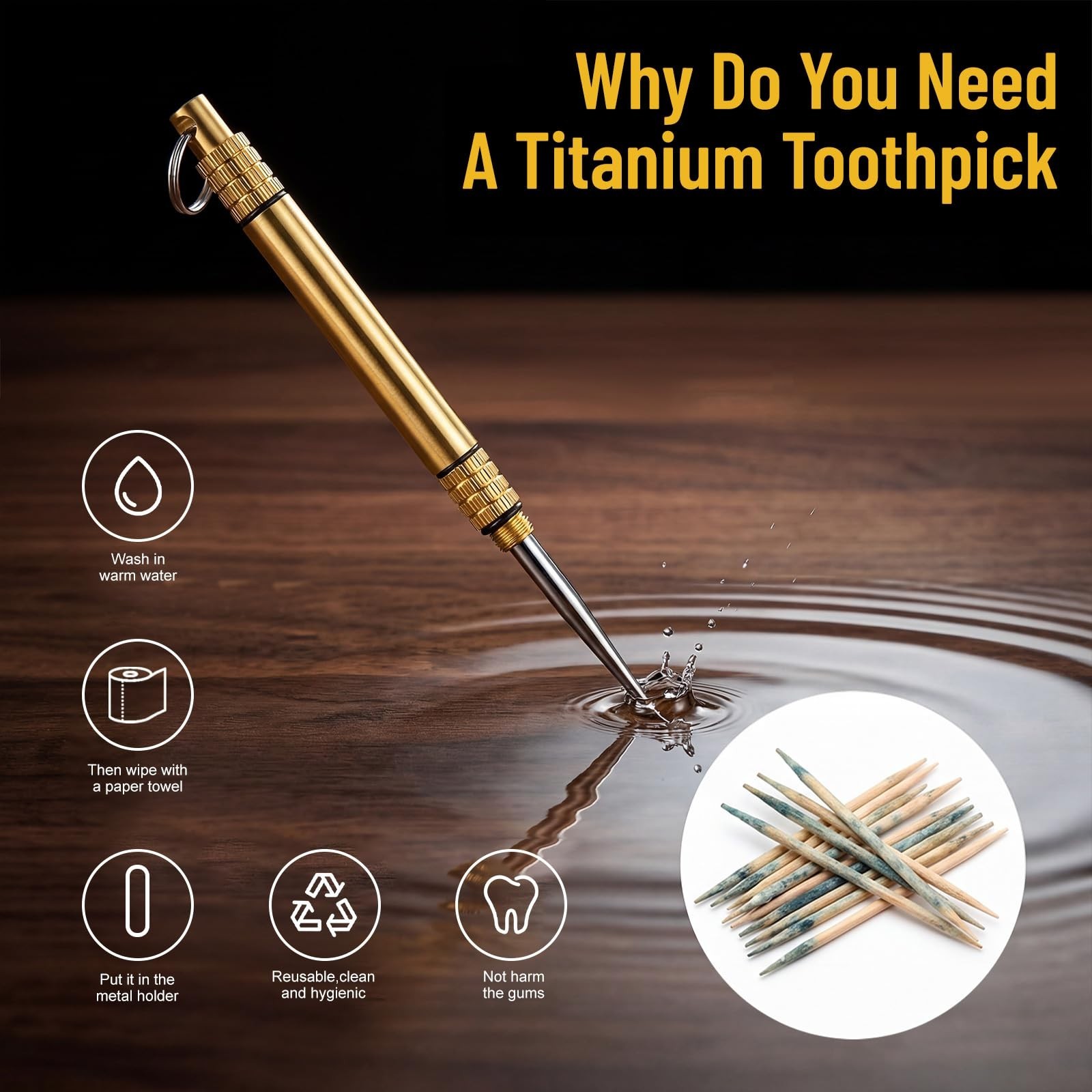10Pcs Portable Titanium Toothpick Holder Set, Reusable Metal Picks with Keychain