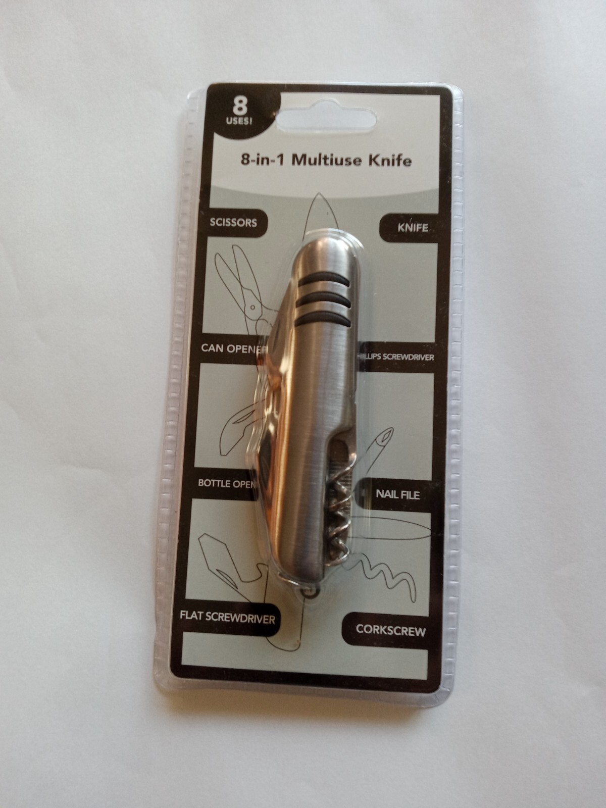 New in Box 8-in-1 Multiuse Pocket Knife – Silver/Grey!