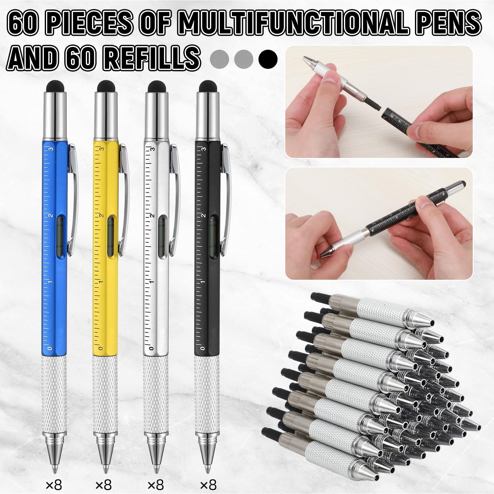 60 Pcs Multi-Tool Pens Set – 6-in-1 with Refills, Ruler & Level Gauge – Perfect