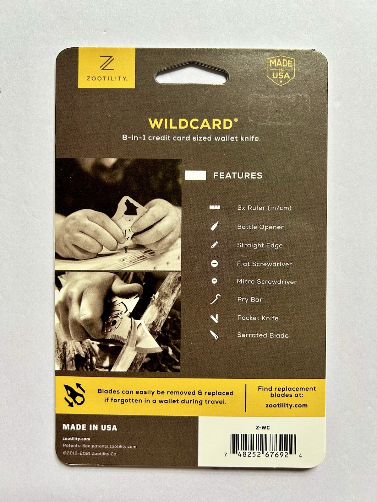 NEW! Zootility WILDCARD WALLET KNIFE 8-in-1 Multi-Tool, Stainless Steel, 2×3”