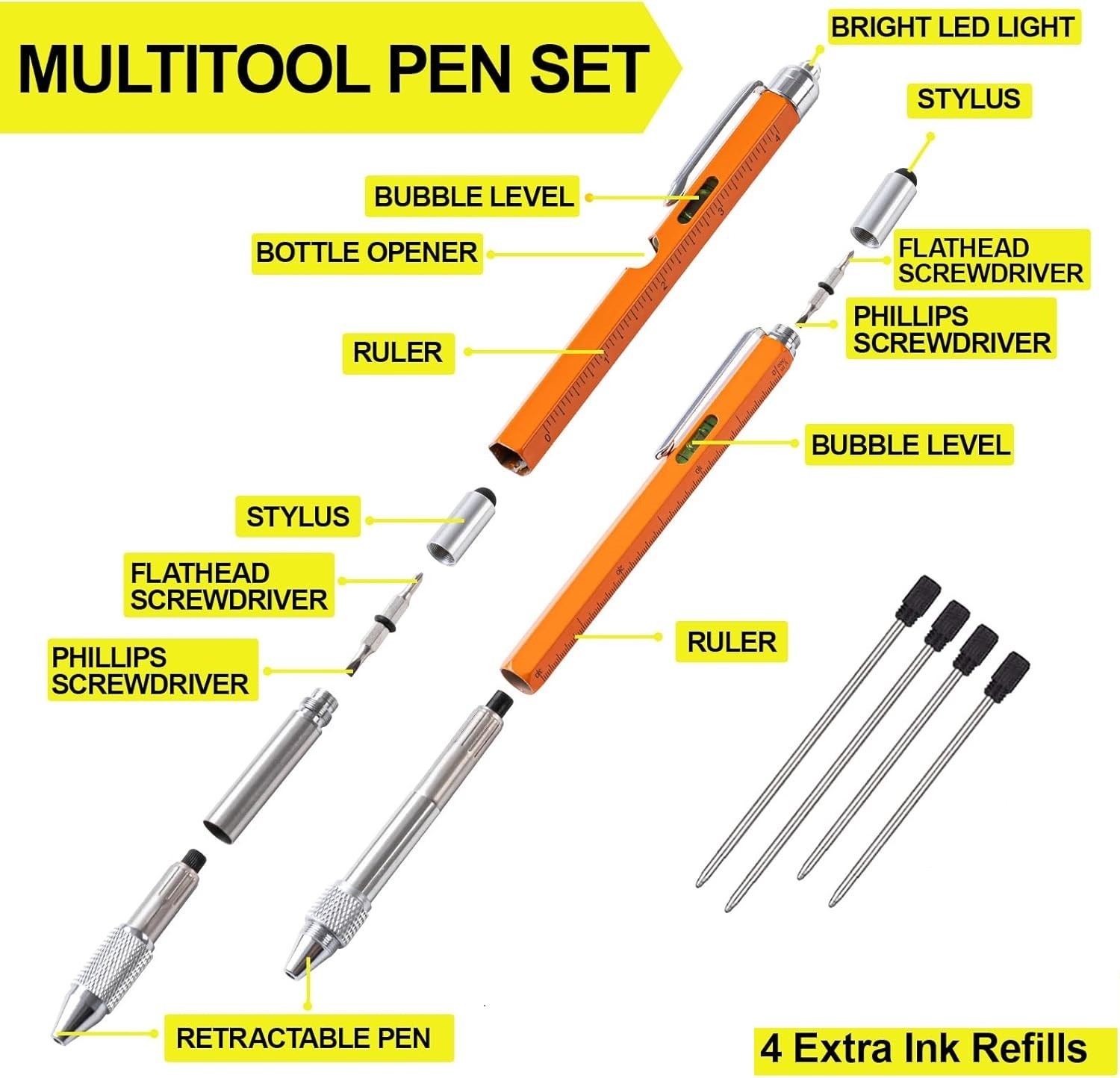 VIBELITE 11 in 1 Multitool ORANGE Pen Set with LED, Stylus, Level, Screwdriver