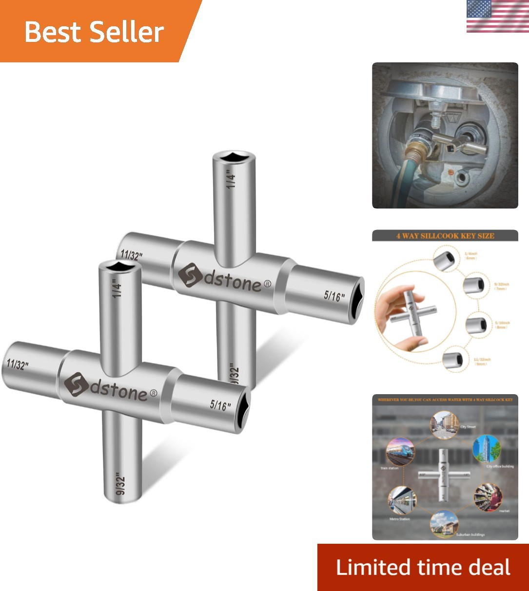 Versatile 4-Way Sillcock Key Tool – Durable 2 Pack with Multiple Wrench Sizes