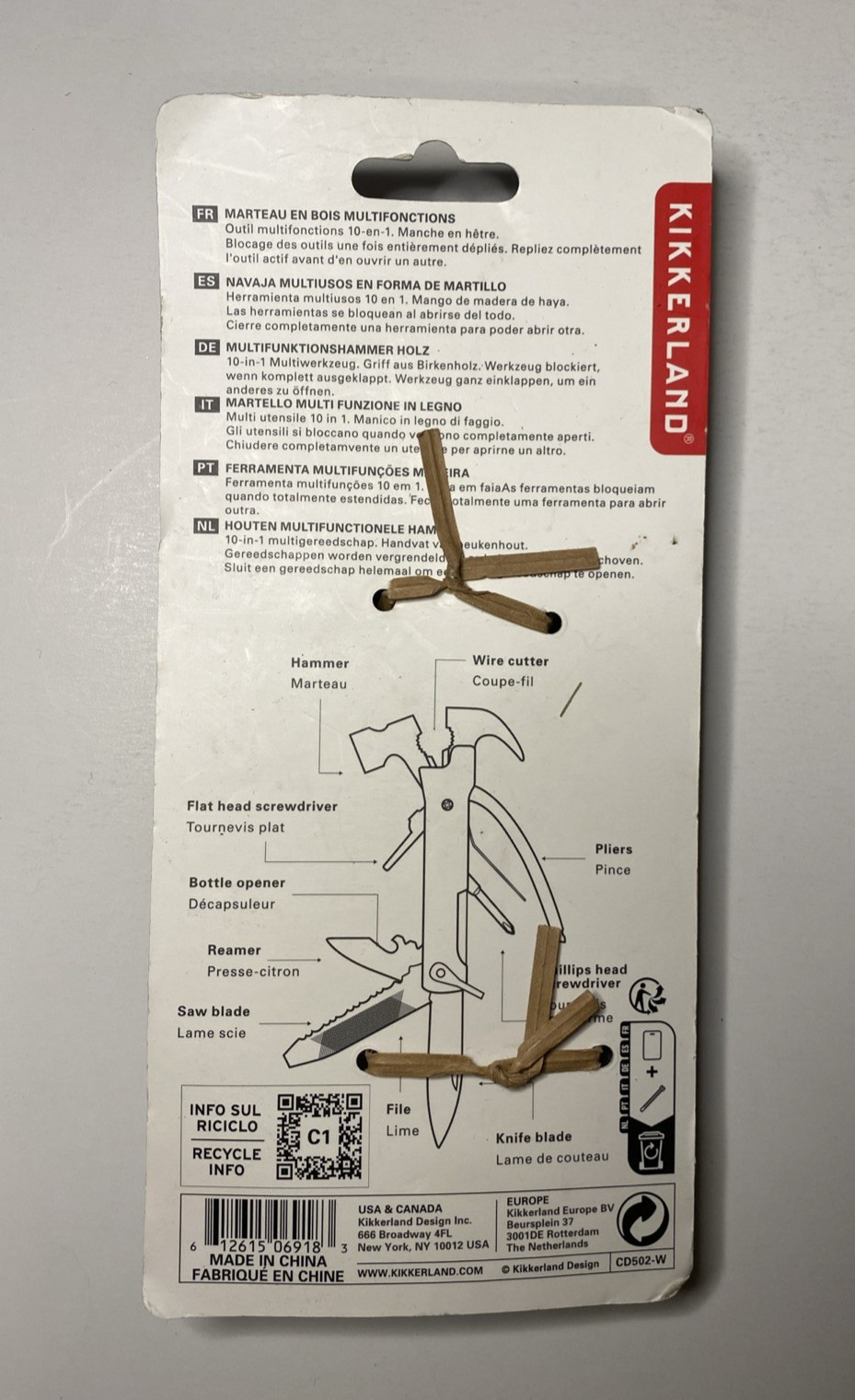 Kikkerland 10-in-1 Wood Hammer Multi-Tool New In Package