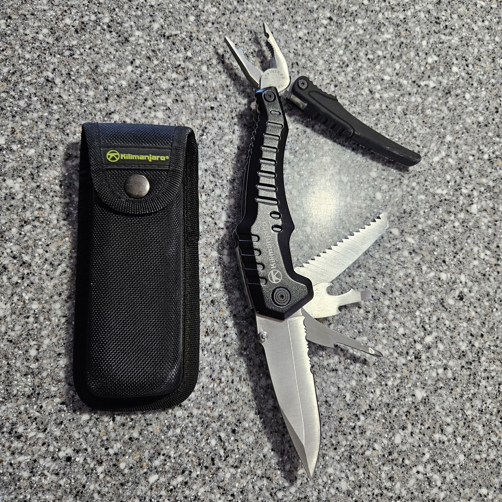 Kilimanjaro Magnus 9-in-1 XL Multi-Tool Folding with Snap Pouch. 10″ Blade Out!