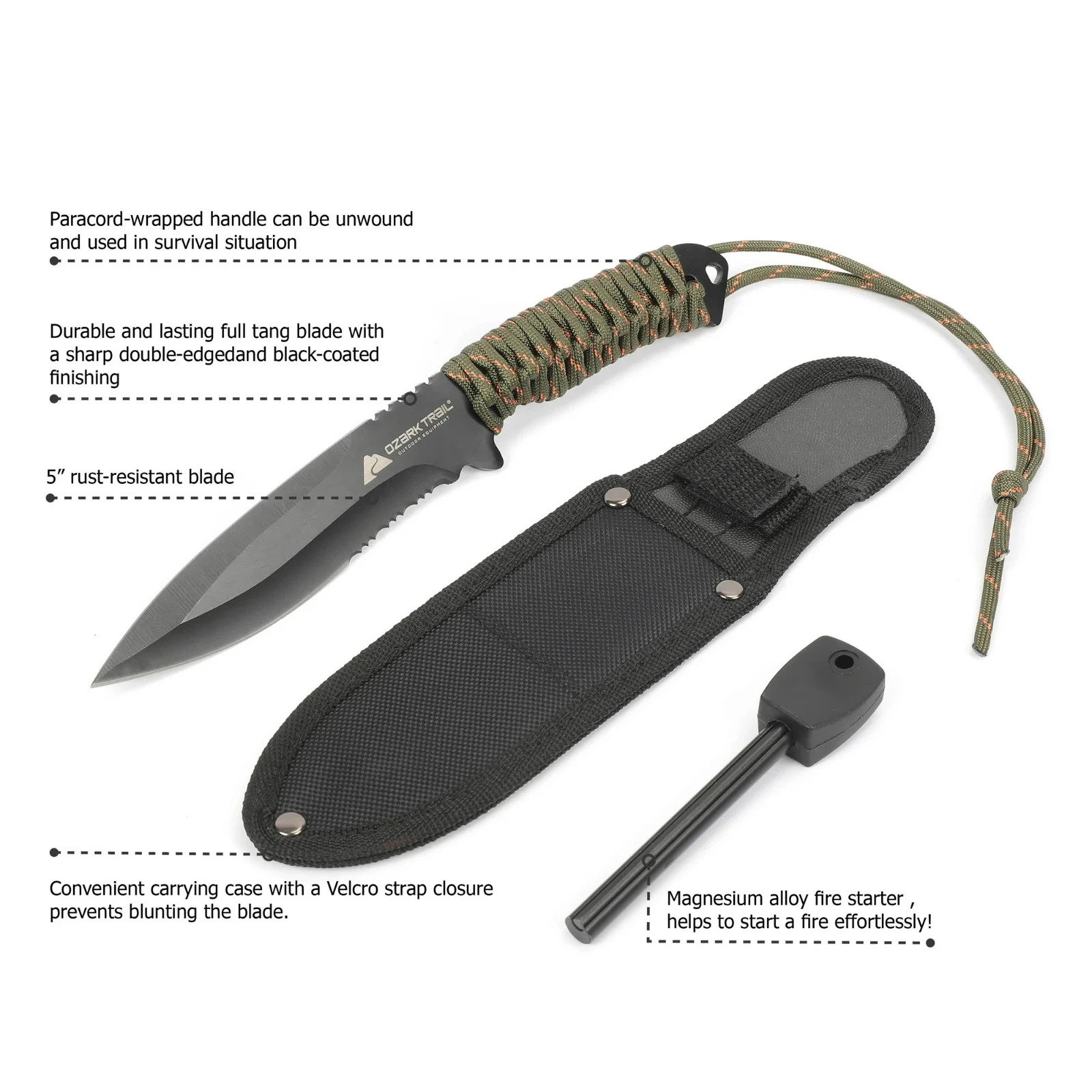 Knife Ozark Trail Stainless Steel Paracord + Fire Starter / camp fishing + NEW