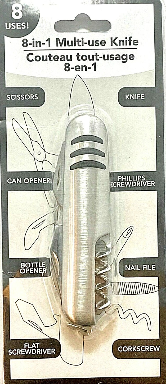 Multi-Use Knife Utility Hand Tool 8-in-1 Can Opener Blade Corkscrew NEW SEALED
