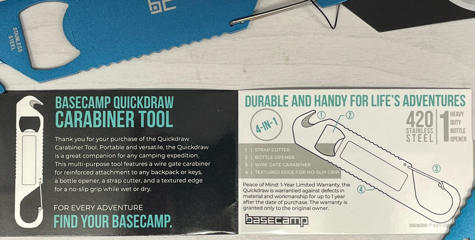 Basecamp Quickdraw Carabiner Tool BC7101, Bottle Opener, Seatbelt Cutter.