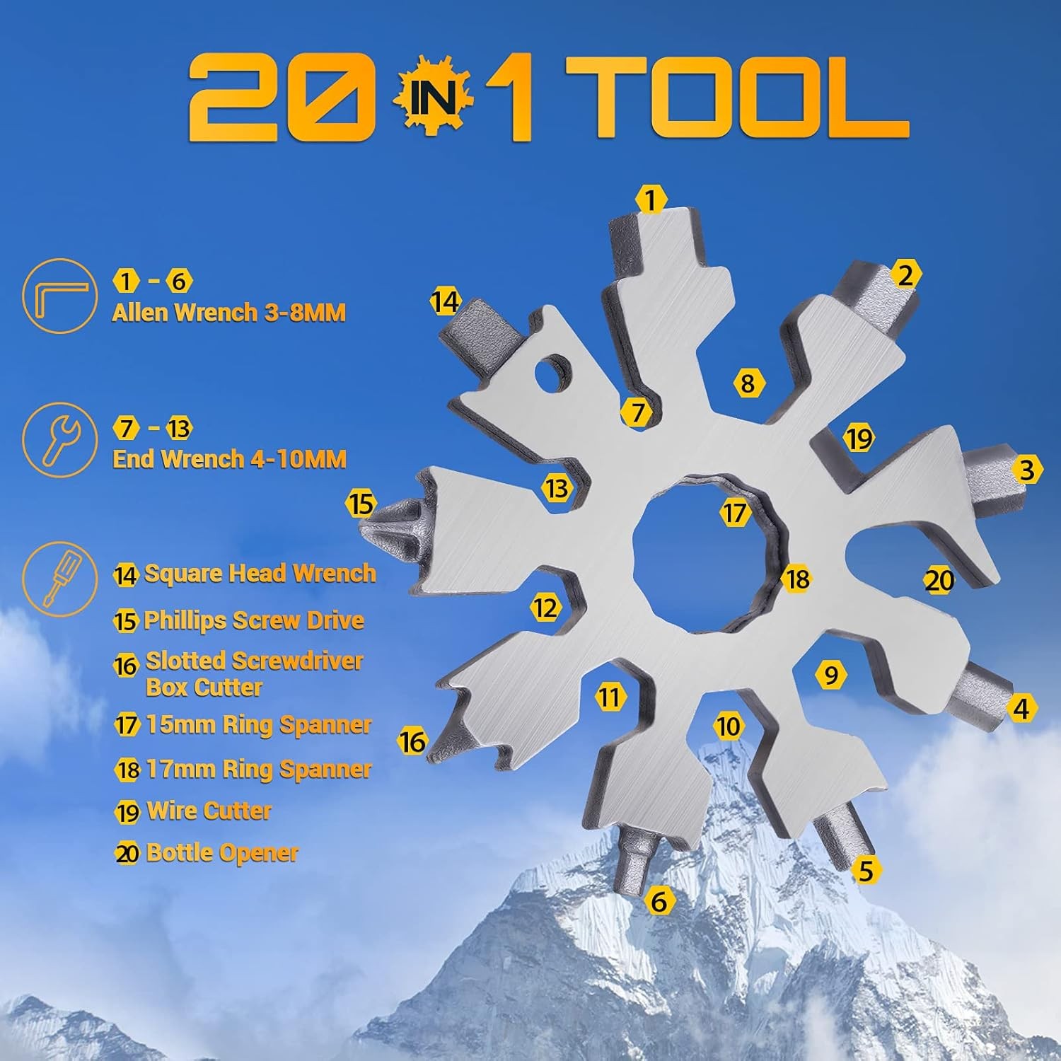 Parigo Upgraded Snowflake 20-in1 Multi Tool – Pocket Size Screwdriver Wrench 13z