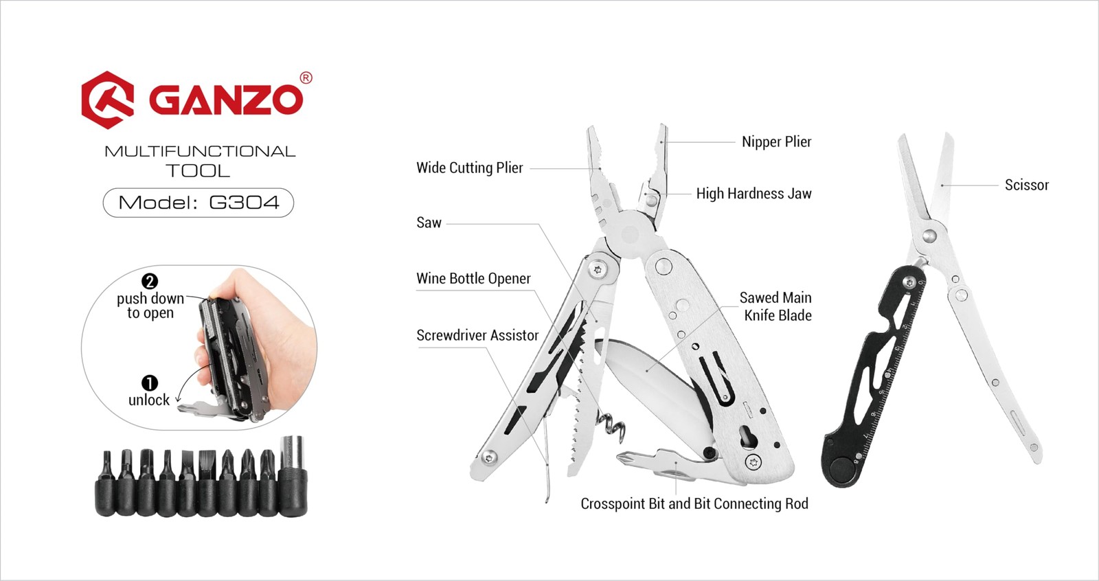 G304 Full-sized Multitool, 21-in-1 Stainless Steel Pocket Knife with Screwdri…