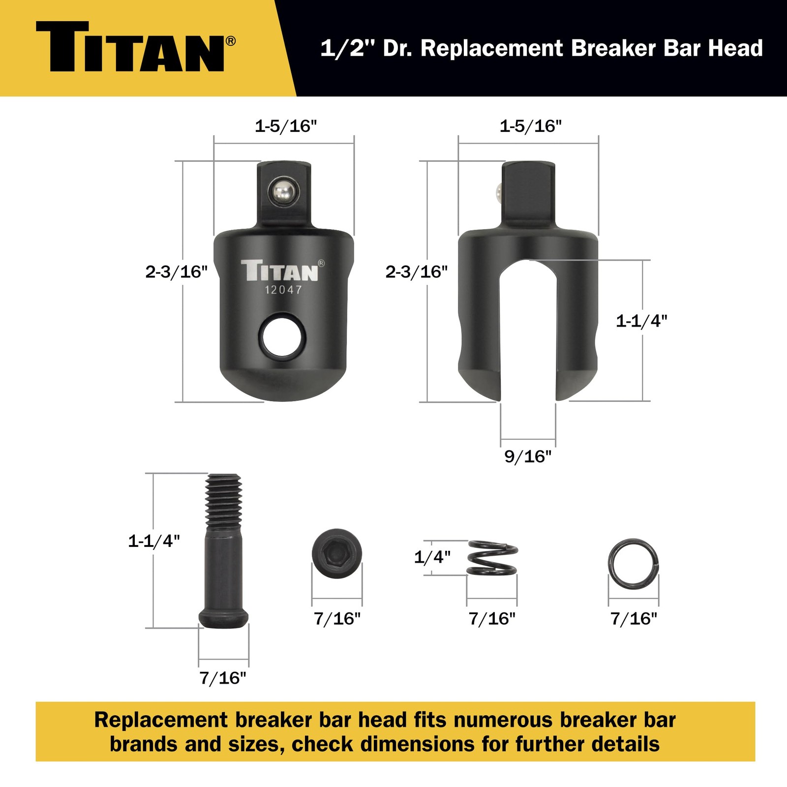 12021 1/2Inch Drive Breaker Bar Replacement Head, Compatible with 12047