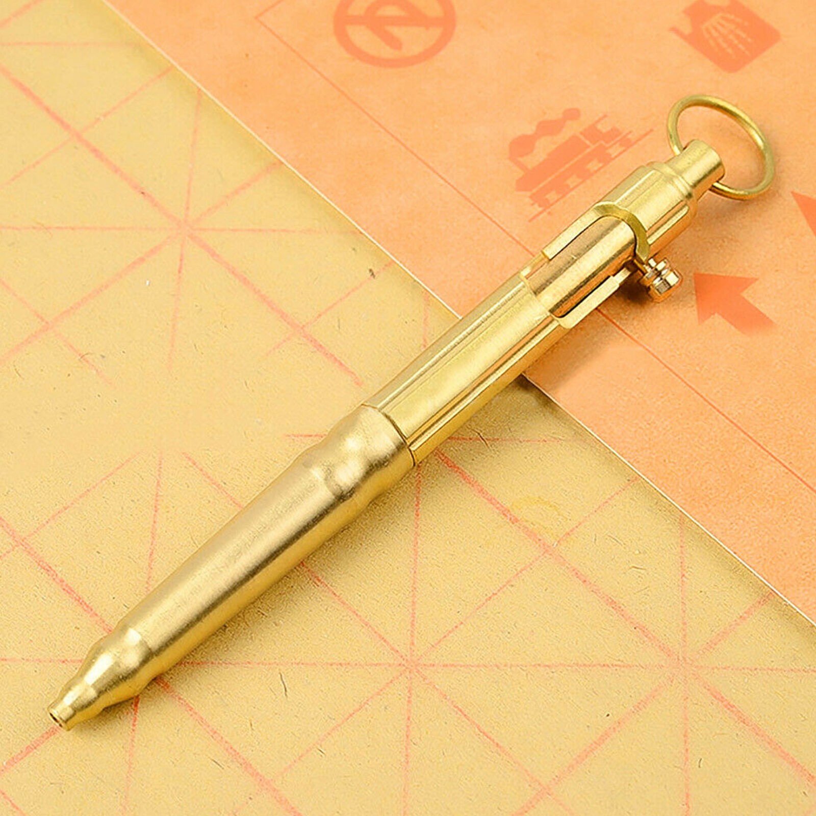 Retro Pocket Solid Brass Ballpoint Pen Bolt Keychain Outdoor Tactical EDC New