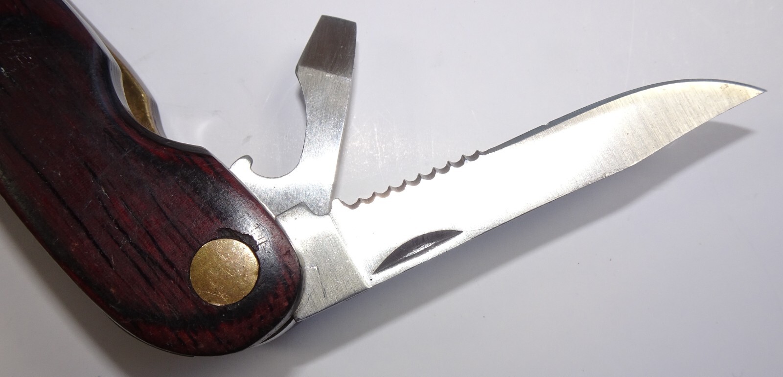 Husky Multi-Tool Knife Pliers Screw Drivers Ruler Saw Wood and Brass Handle