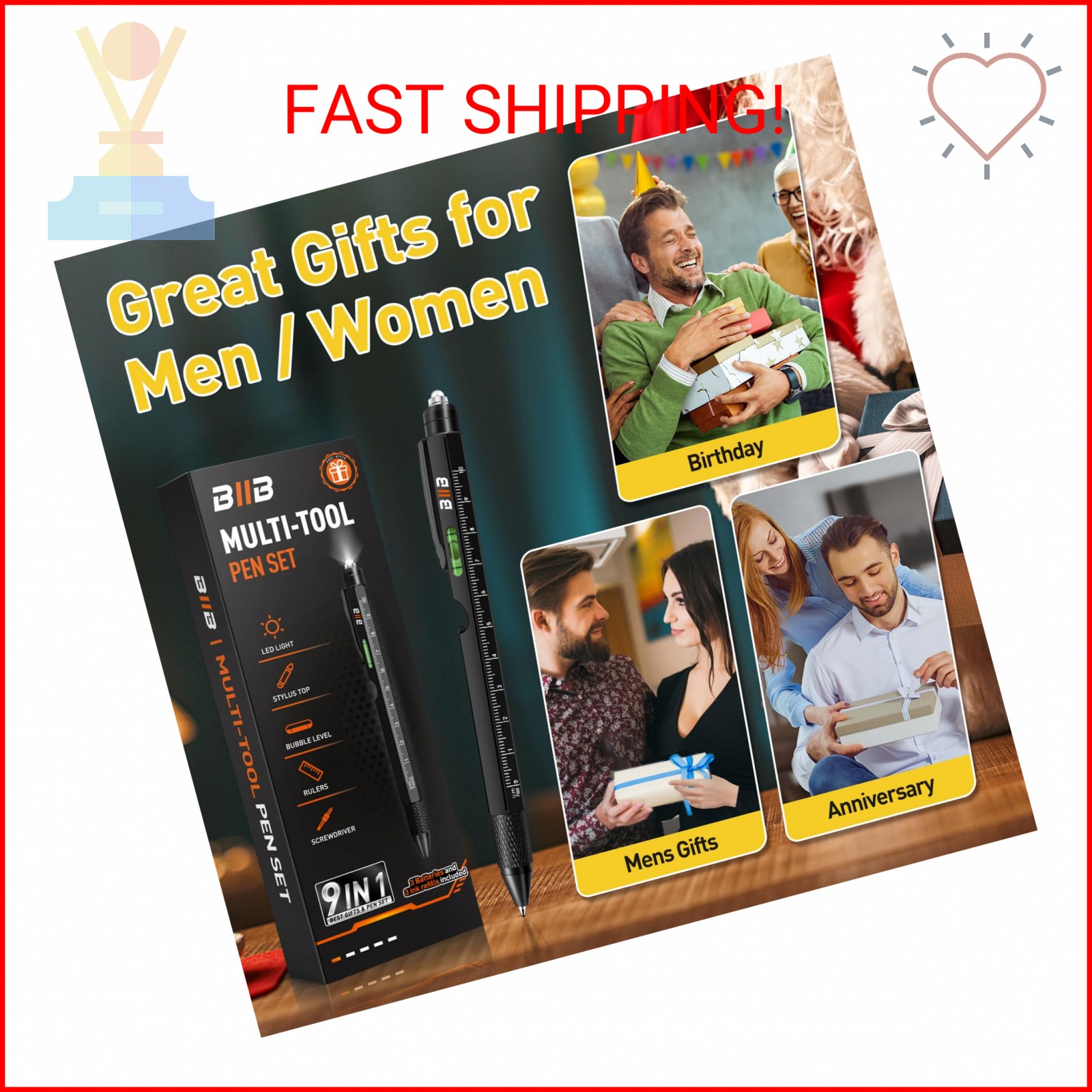 BIIB Gifts for Men 9 in 1 Multitool Pen, Mens Gifts for Him Dad Husband, Birthda