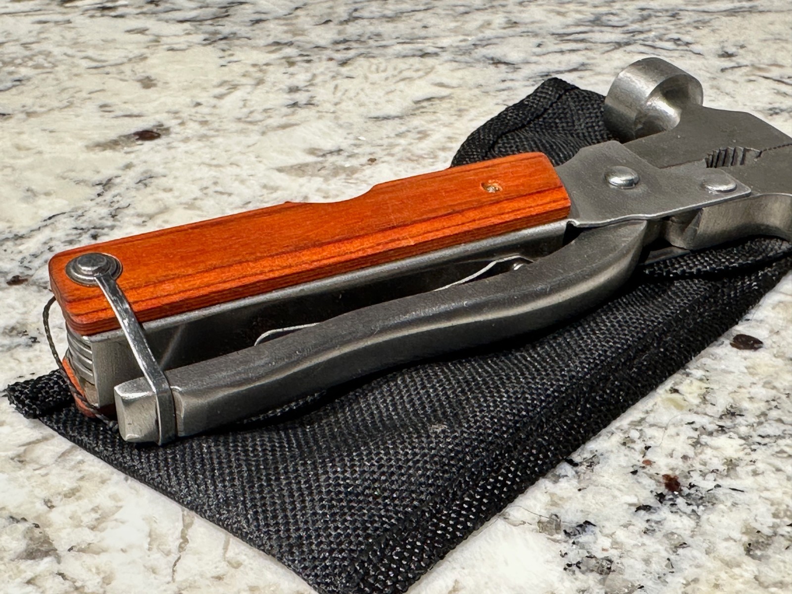 WOOD HANDLE Vintage Camping Axe Hammer Folding Multi Tool Knife Saw w/Sheath GUC