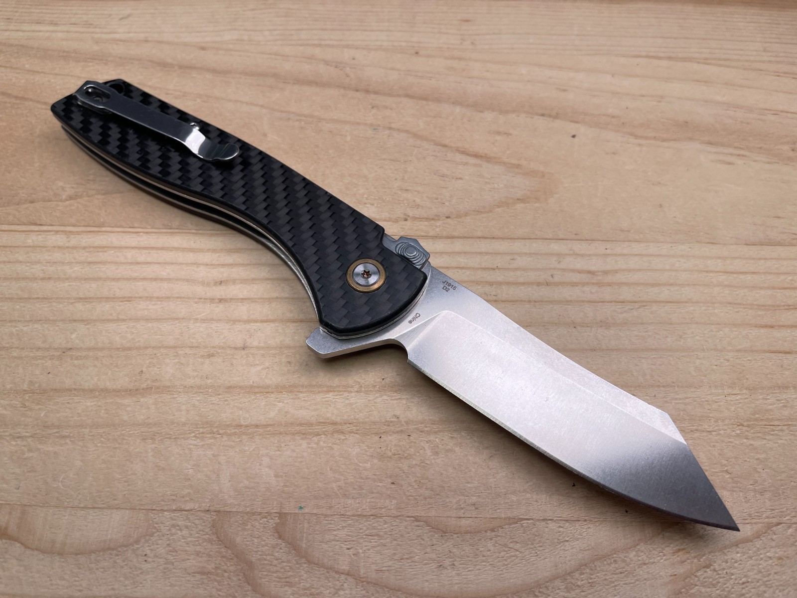CJRB Cleaver J1915 D2 3.5” Steel Blade Folding Pocket Knife Carbon Fiber Handle