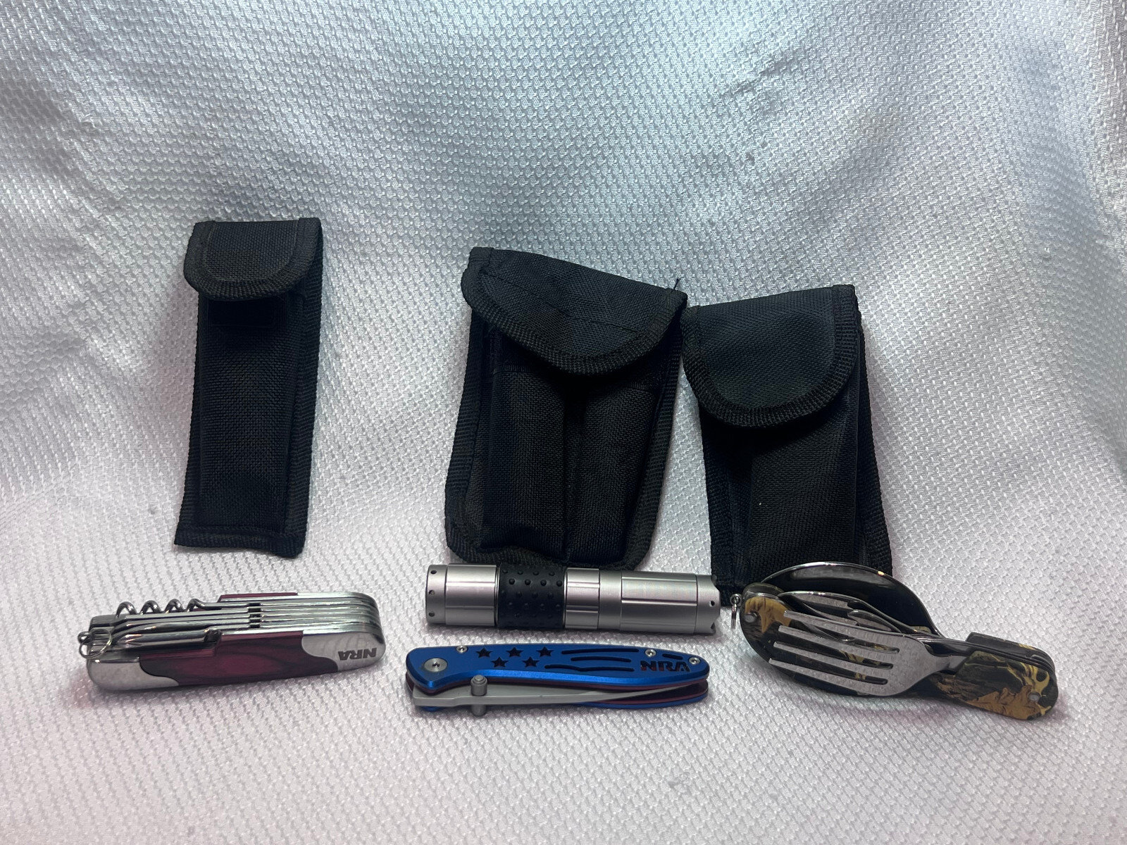 Camping Survivalist Lot NRA Flashlight Knife Multi tool & Folding HOBO Utensil