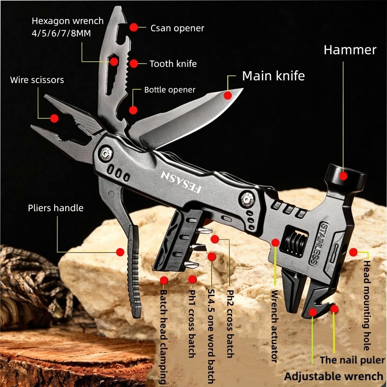 16-in-1 Adjustable Wrench Multitool Hammer | Pocket Pliers, Stainless Steel, Sur
