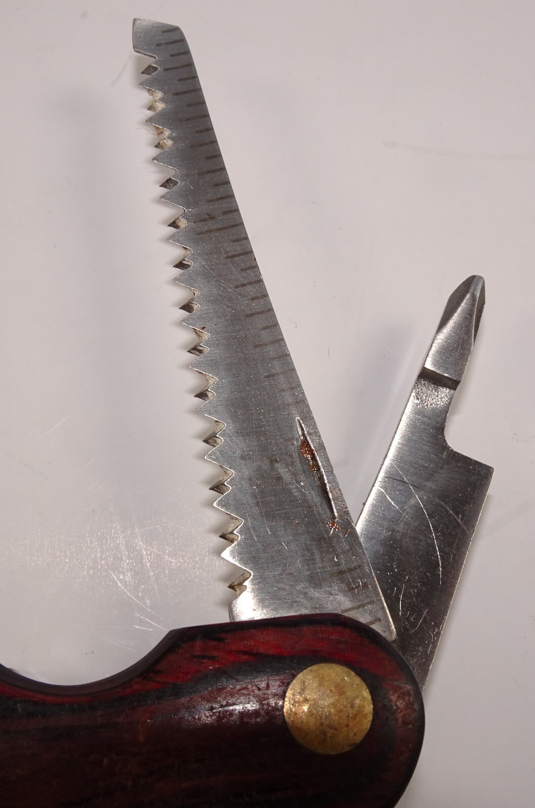 Husky Multi-Tool Knife Pliers Screw Drivers Ruler Saw Wood and Brass Handle