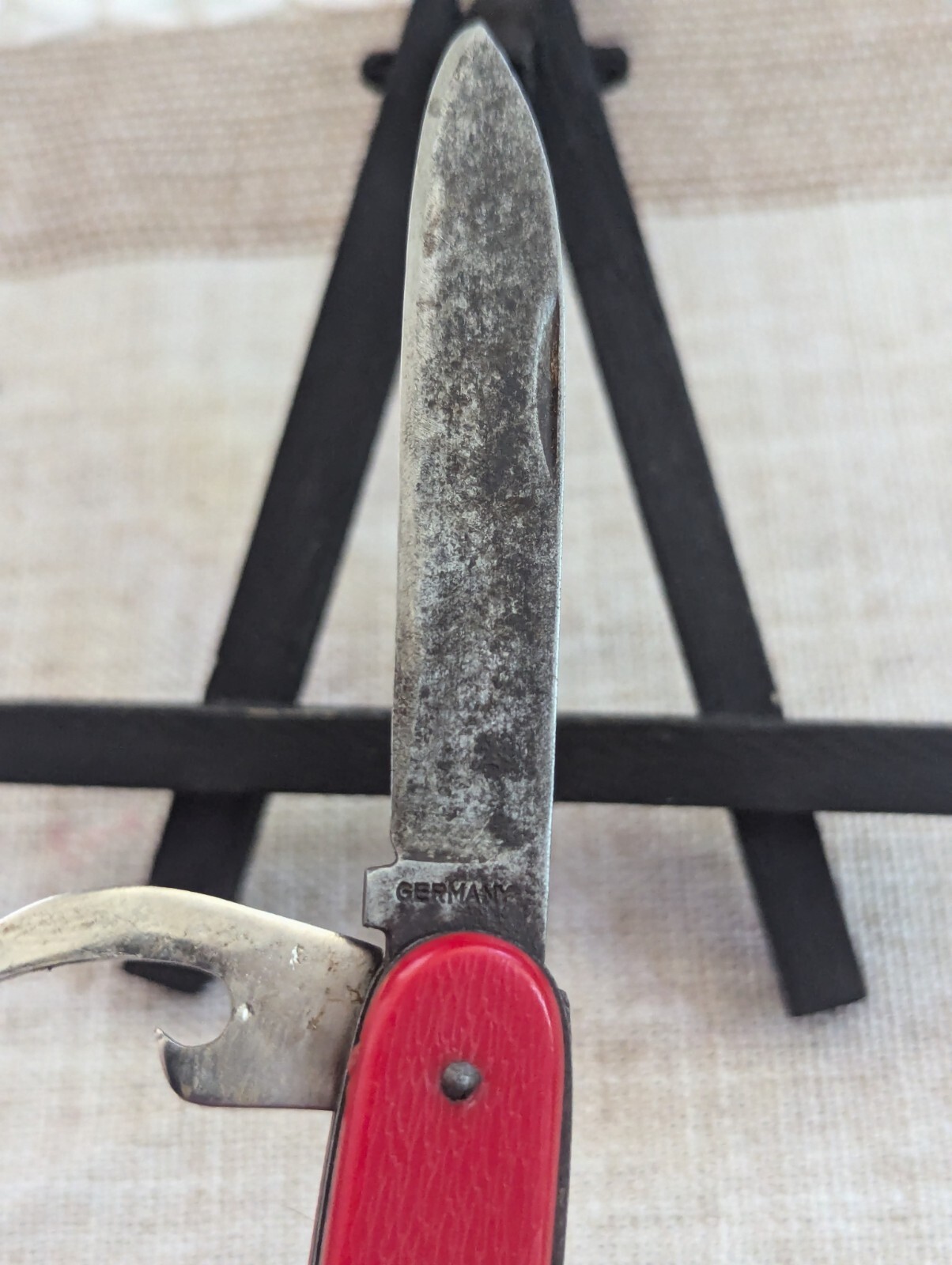 Vintage German 3-Tool Multitool Pocket Knife Carbon Steel Red 3.5″ Plastic Scale