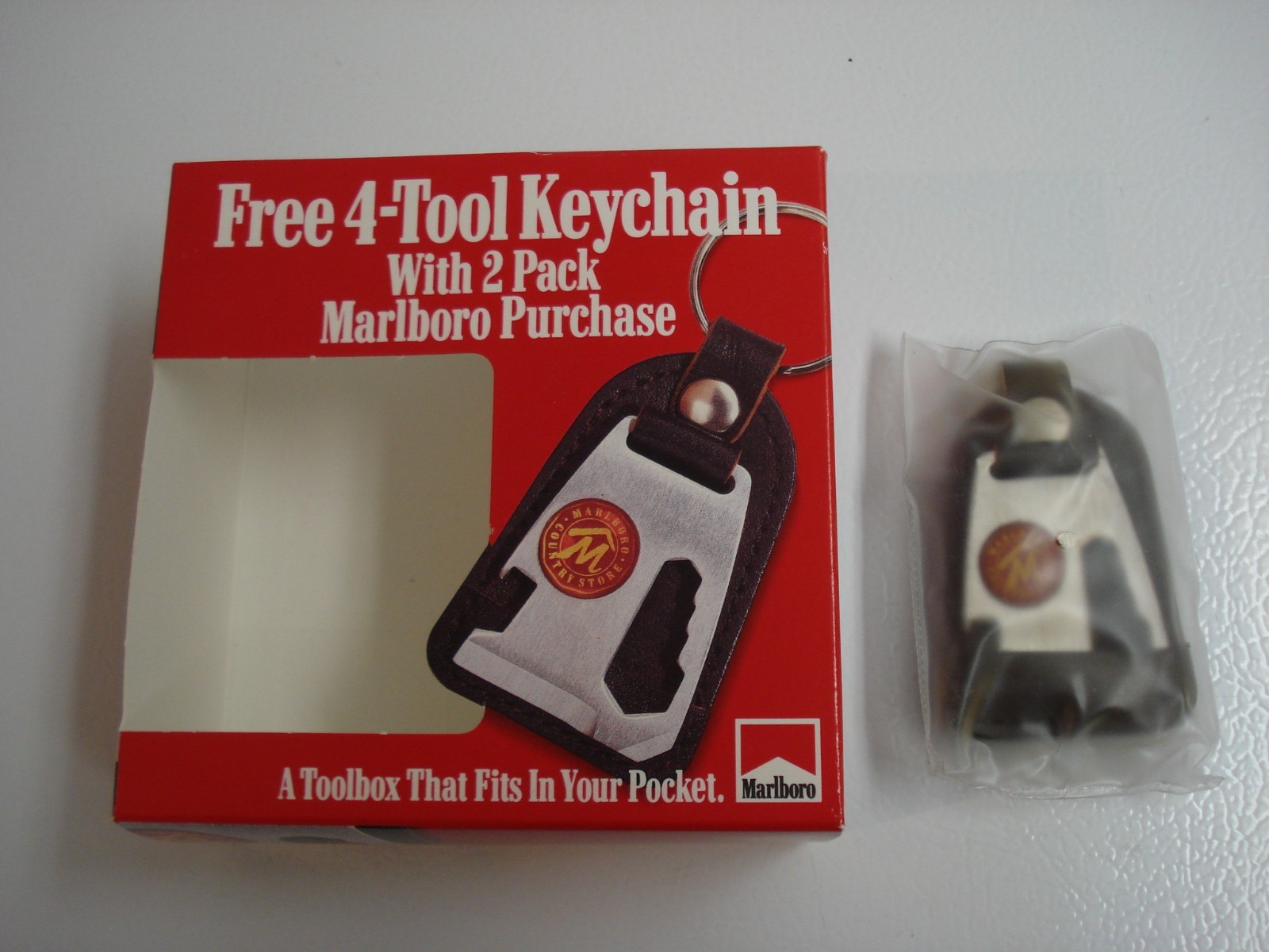 New 4-Tool LEATHER Keychain-MARLBORO-Wrench, Screwdriver, Knife, Bottle Opener