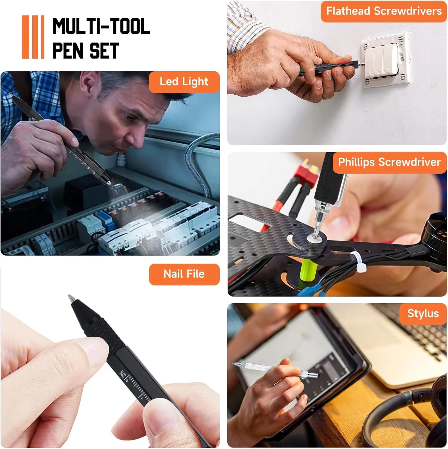 Gifts for Men Christmas- Multitool Pen with LED Light, Flathead, Phillips Screwd