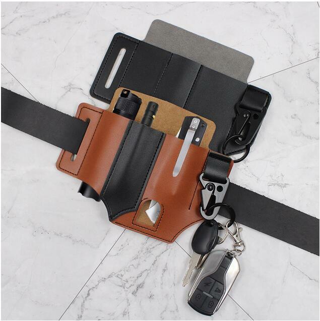 EDC Tactical Waist Bag Leather Multi Flashlight Knife Case Portable Tool Holster