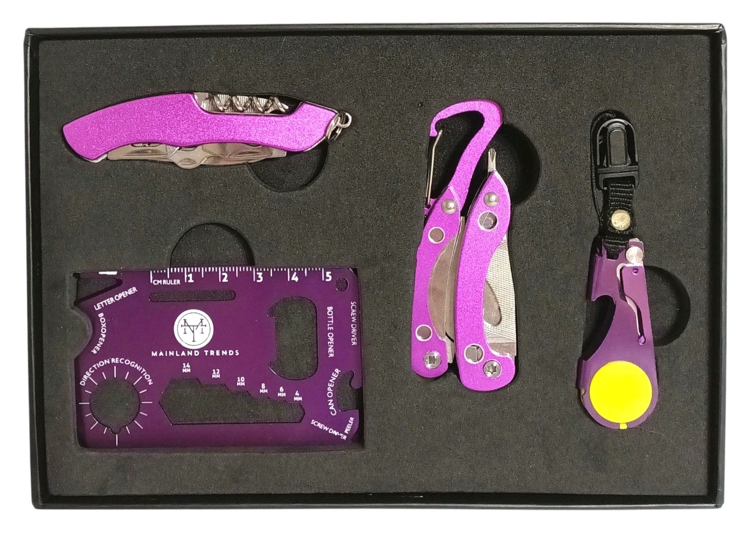 4pc Purple Multi-Tool Set Wallet Tool, LED Light, Micro Multi-Tool, Pocket Knife