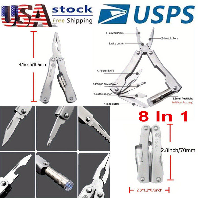 Portable Camping Tool Pliers Stainless Steel 8 in 1 Folding Multitool Mini Knife