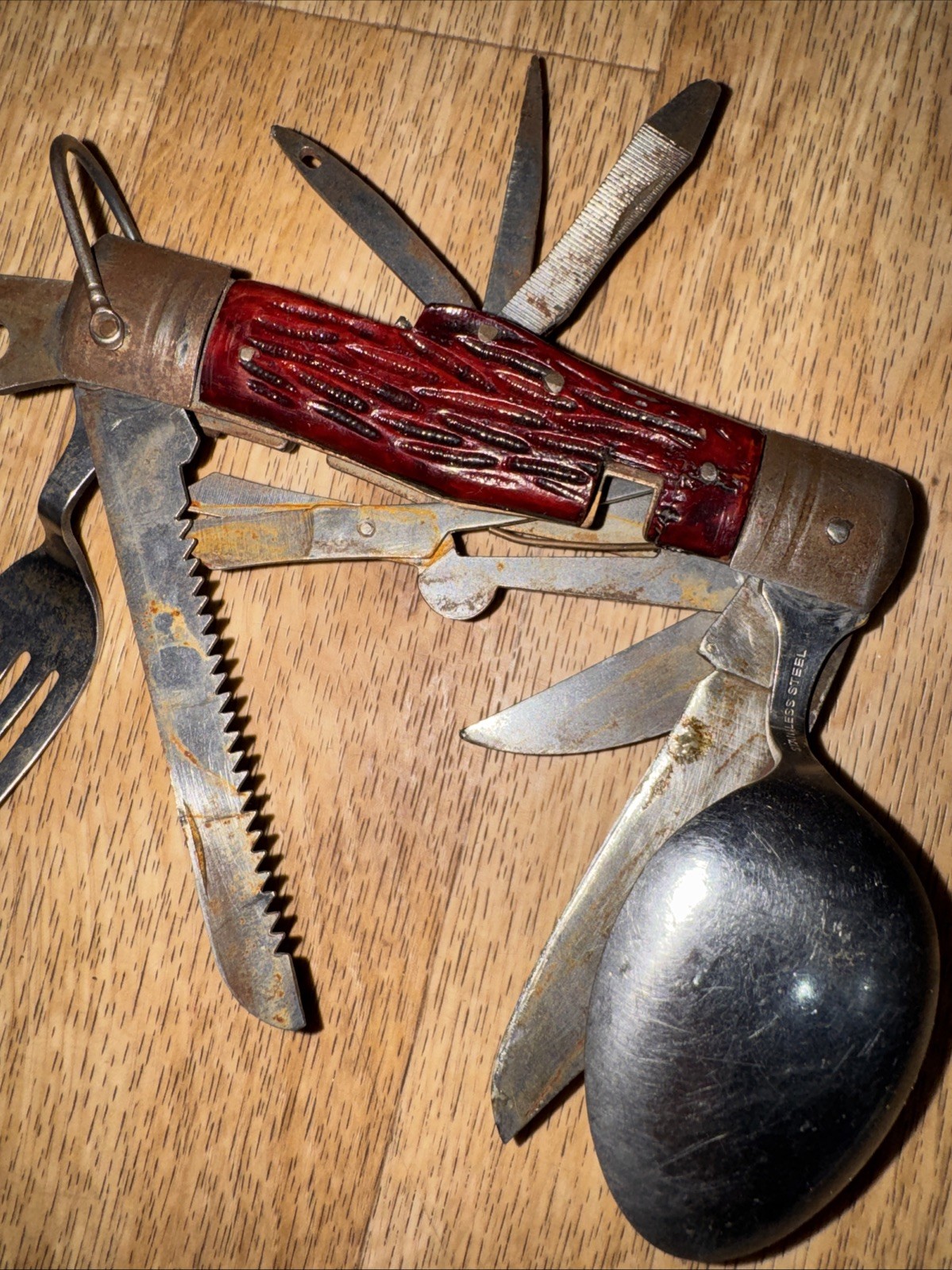Vtg Camp Multi Tool Folding Pocket Knife Full Size Spoon Fork Saw Knife Camping