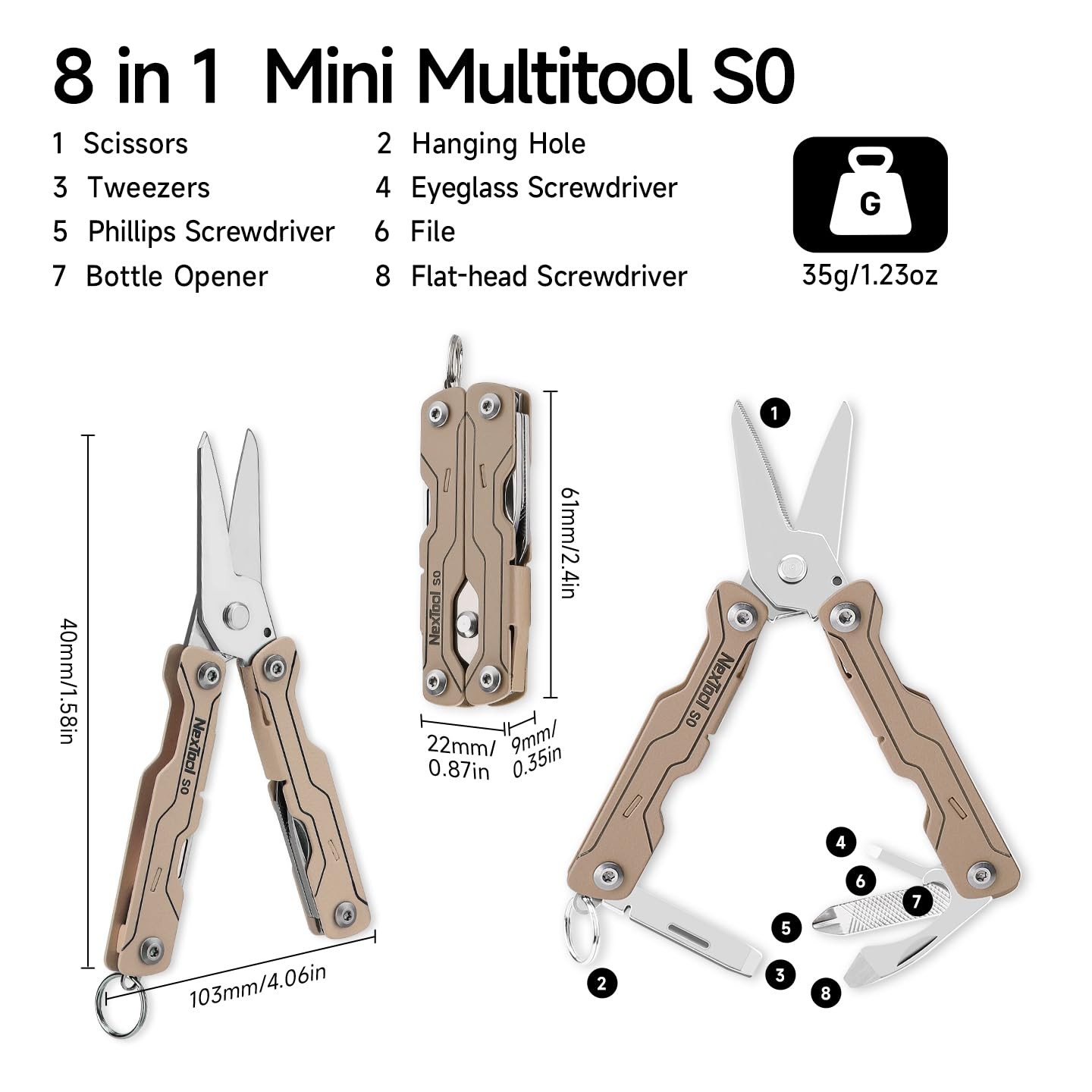 Micro Sailor Scissors S0, Mini Keychain Multitool with Serrated Scissors, 8-i…
