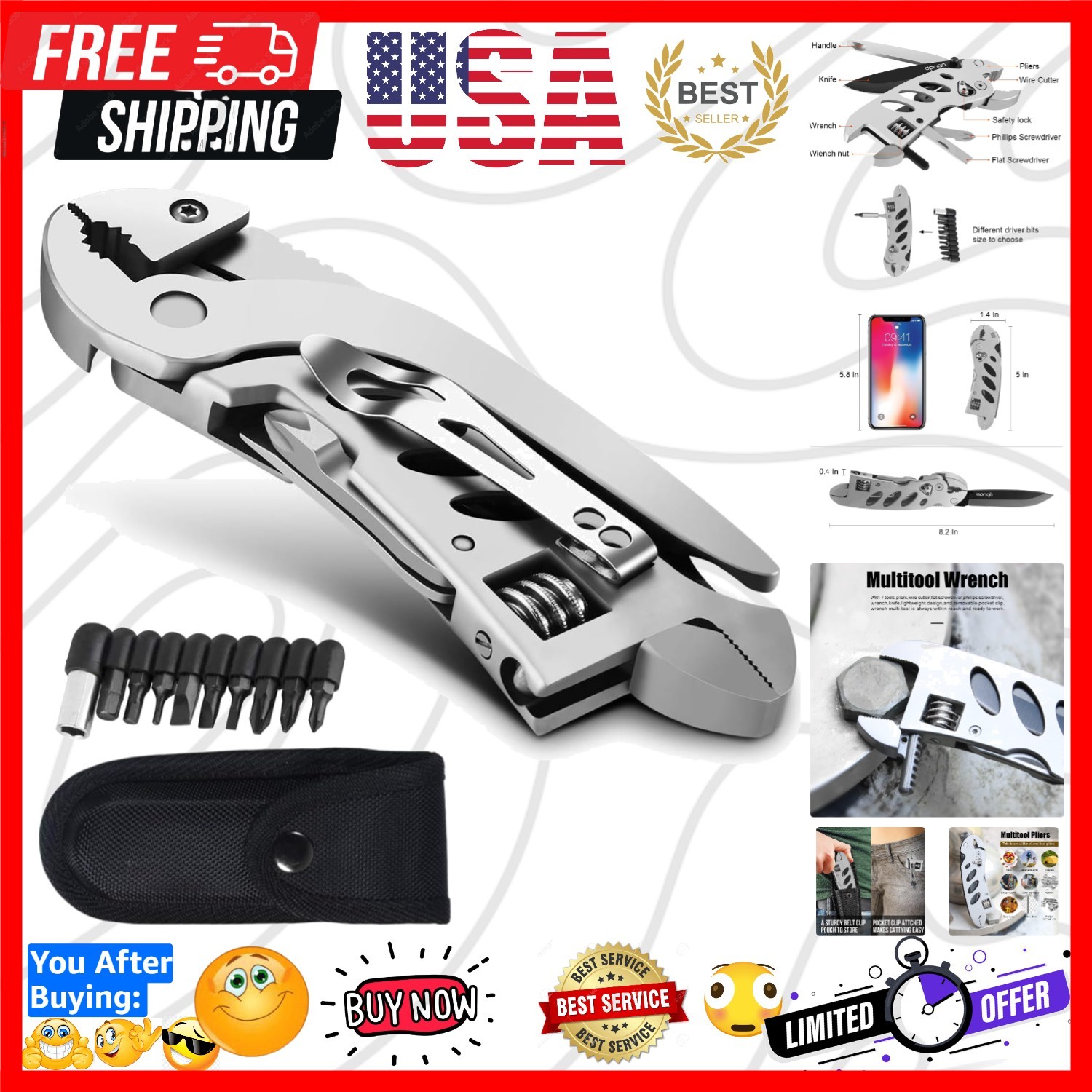 Ergonomic Multitool Wrench – 7-in-1 Stainless Steel Tool for Home and Adventure