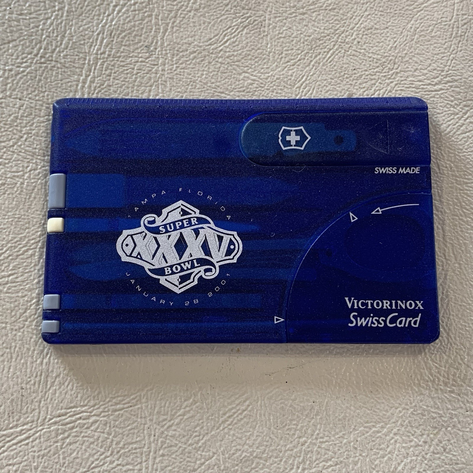 Victorinox Blue Swiss Card Wallet Multi Tool Tin Box Super Bowl 35 Tampa Fl 2001