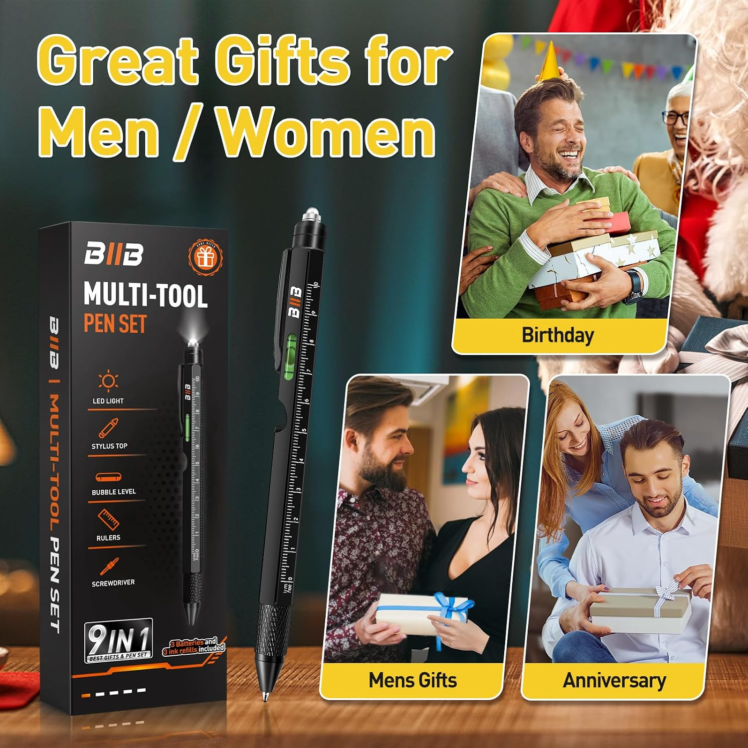 Gifts for Men 9 in 1 Multitool Pen, Mens Gifts for Him Dad Husband, Birthday Gif