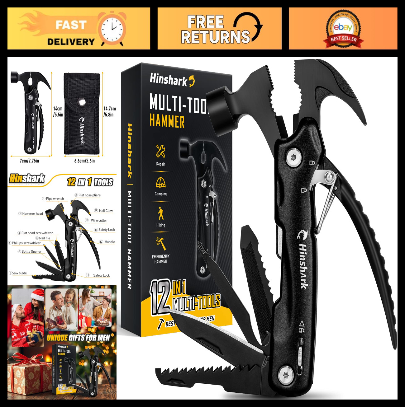 12-in-1 Hammer Multitool – Unique Gifts for Men, Dad, Husband, Grandpa – Cool Ca