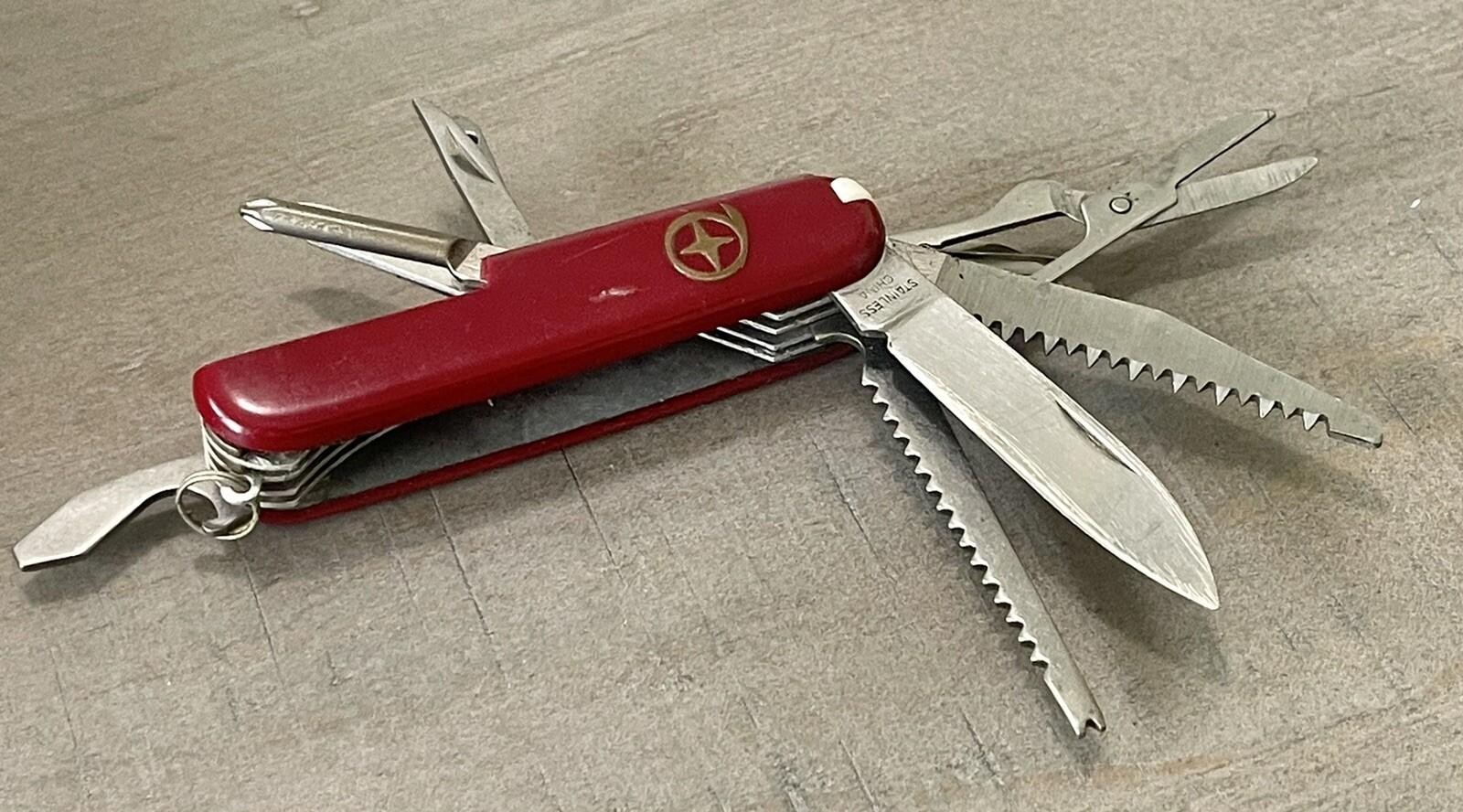 Vintage Red Stainless China Multi Function Pocket Knife Multi Tool