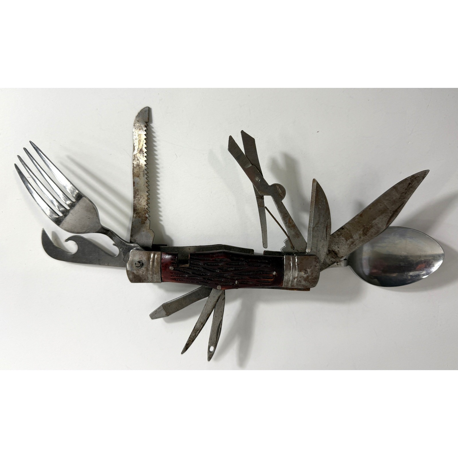Vintage 10 Blade Multi-Tool Pocket Knife Utensil Set Fork Spoon Saw Blade – More