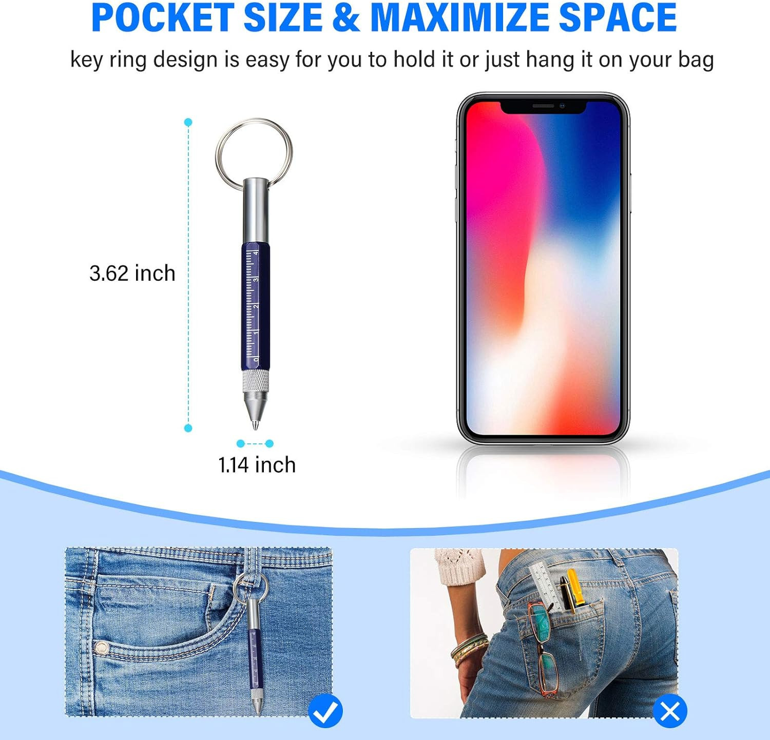 4 Pieces 6 in 1 Multitool Tech Tool Pen Key Ring Screwdriver Pen with Ruler, Two