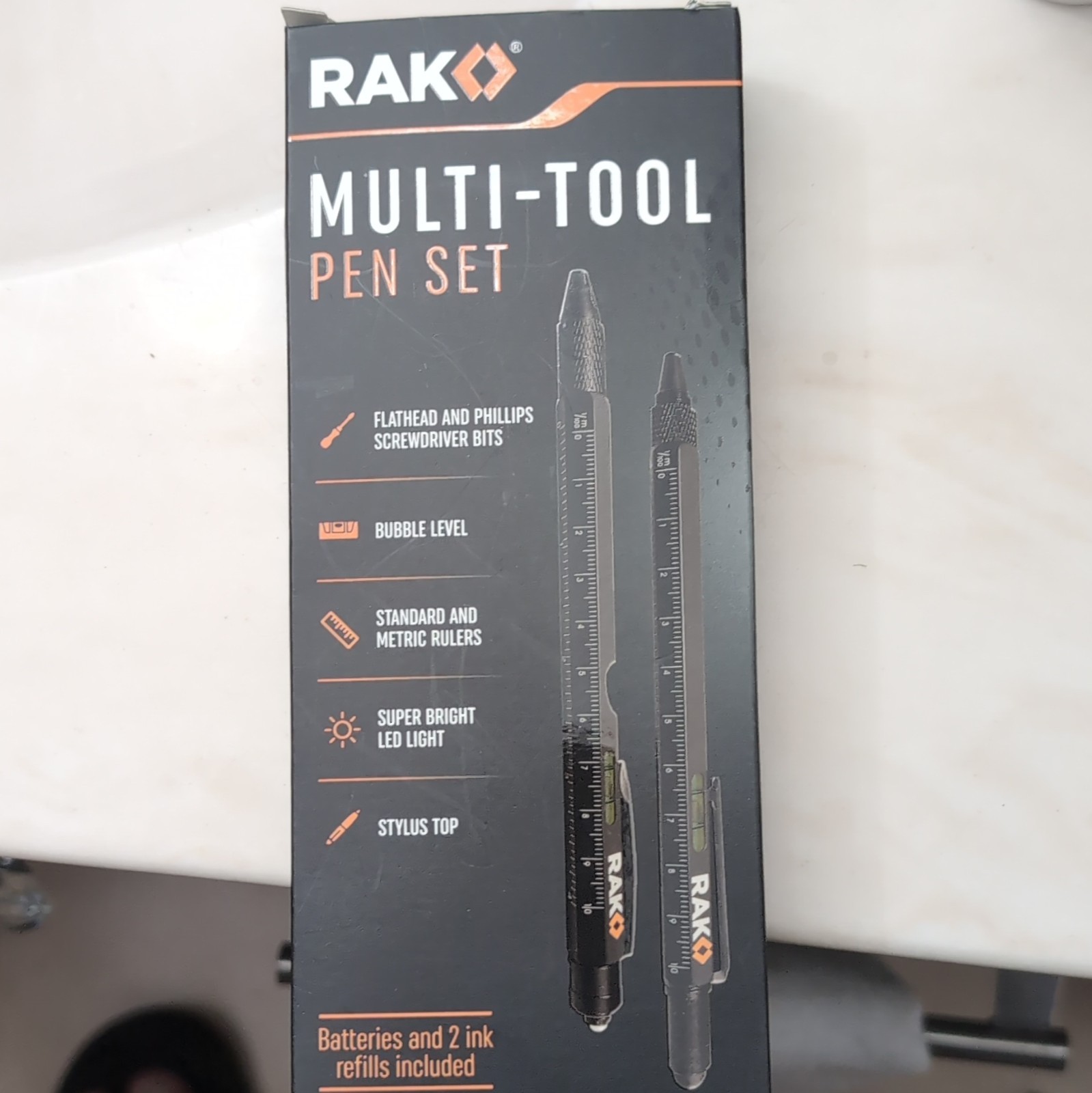 RAK Metal Multi-Tool Pen Black w/ LED Light, Stylus, Level, Metric/Std Ruler