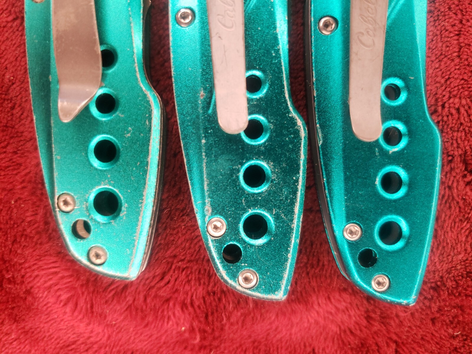 Lot 3 Cabela’s Plain Edge Liner Lock Aluminum Scale Folding Cyan Turquoise color