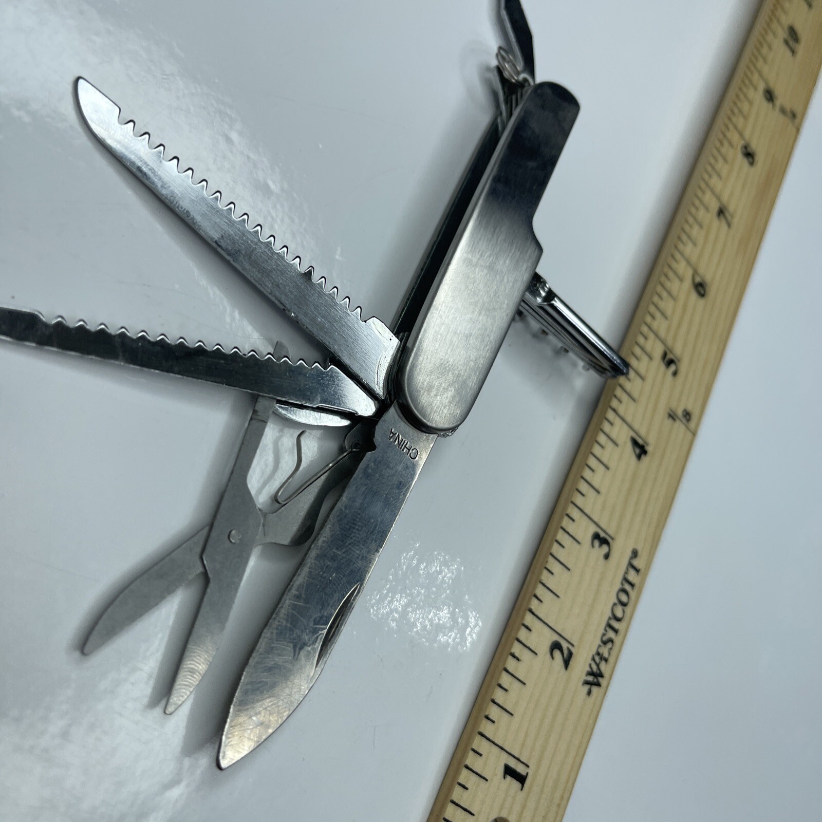 A Silver Tone Folding Utility Pocket Army Knife Stainless Scissors Cork Opener