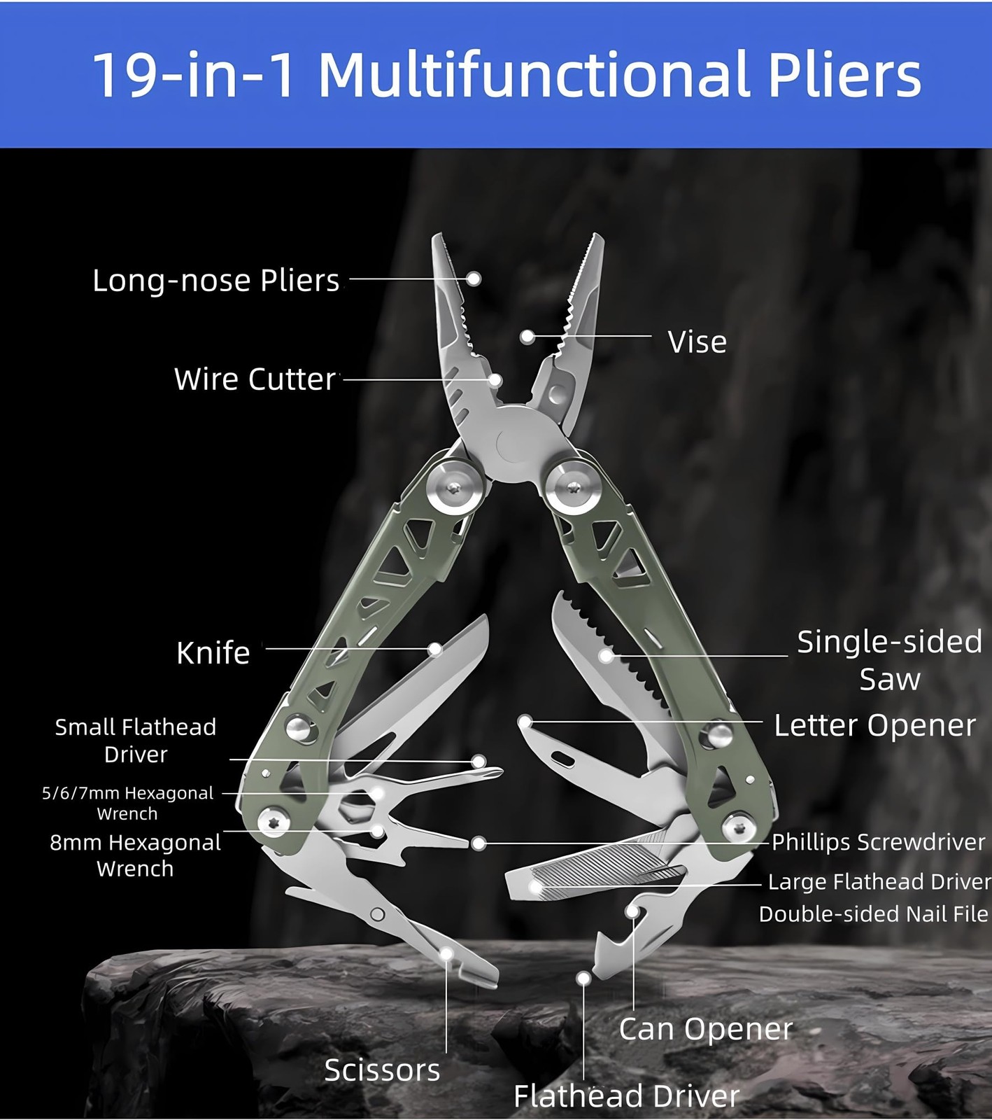 19-in-1 Mutitool, Stainless Steel Multi-functional Pliers with Screwdrivers, …