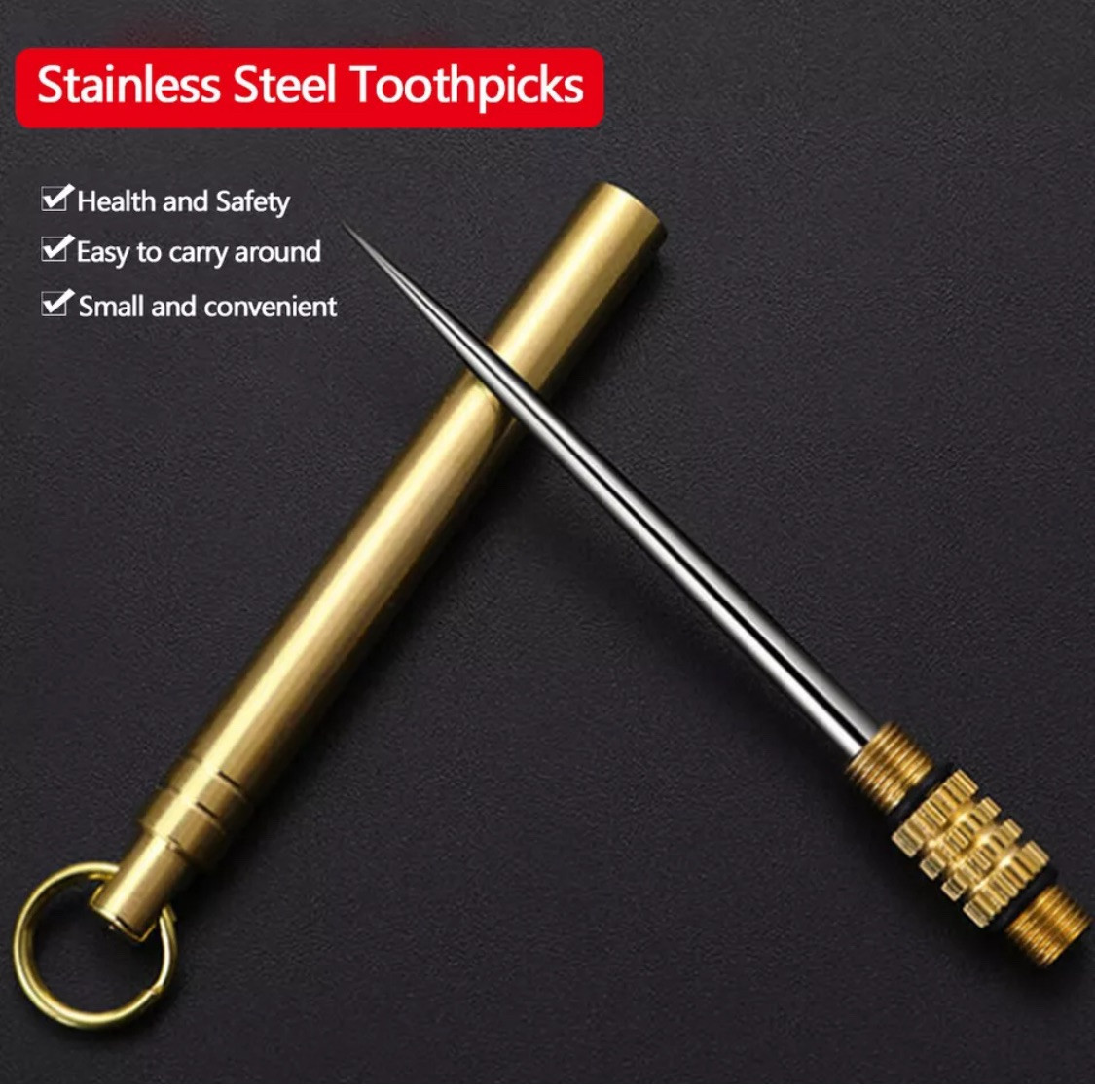 5PC Outdoor Camping Titanium Toothpick Holder Fruit Fork Keychain Floss Travel