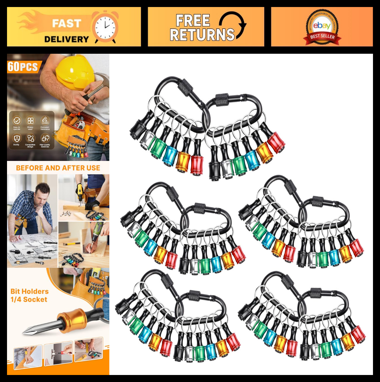 60PCS Keychain Bit Holder Set, 1/4″ Hex Drill & Screwdriver Bit Holders for Tool