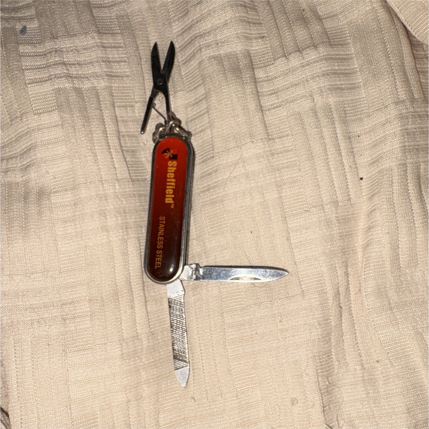 Sheffield Stainless Steel Red Multi-Tool Pocket Knife w/ Scissors File Keyring