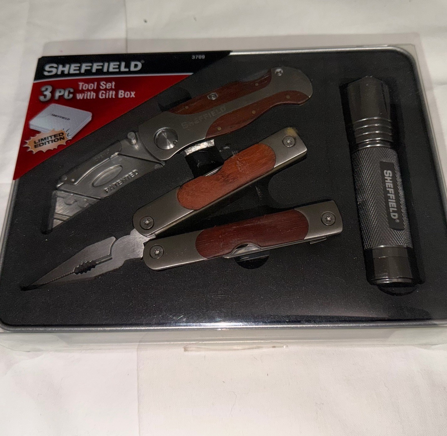 NEW Sheffield 3 Pc Tool Set With Tin Box Multi Tool Utility Knife Flashlight NIB